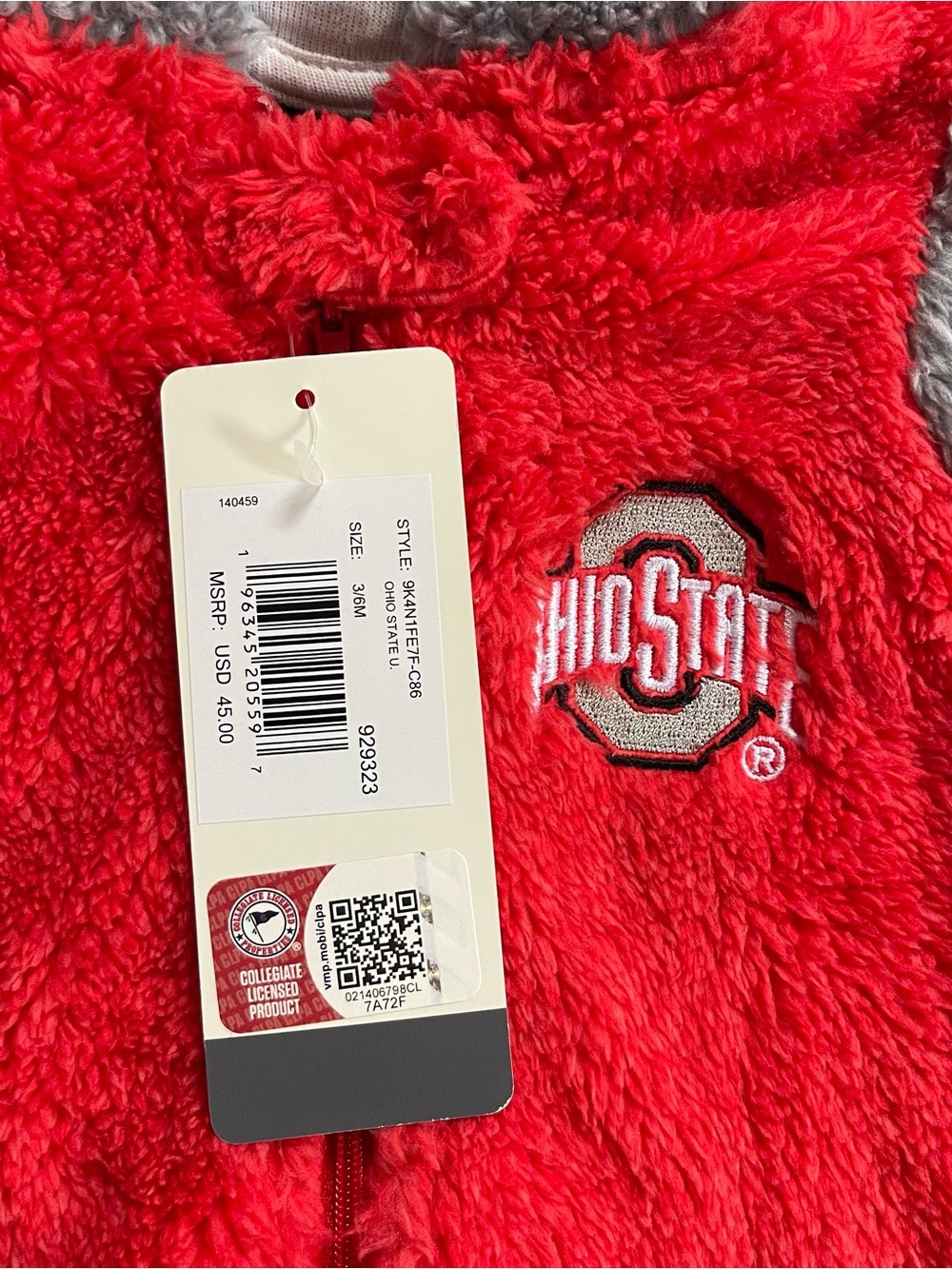 NWT Gen2 Ohio State Buckeyes 3/6m Fleece Bear Ear Zipper Baby Bunting - Picture 4 of 6